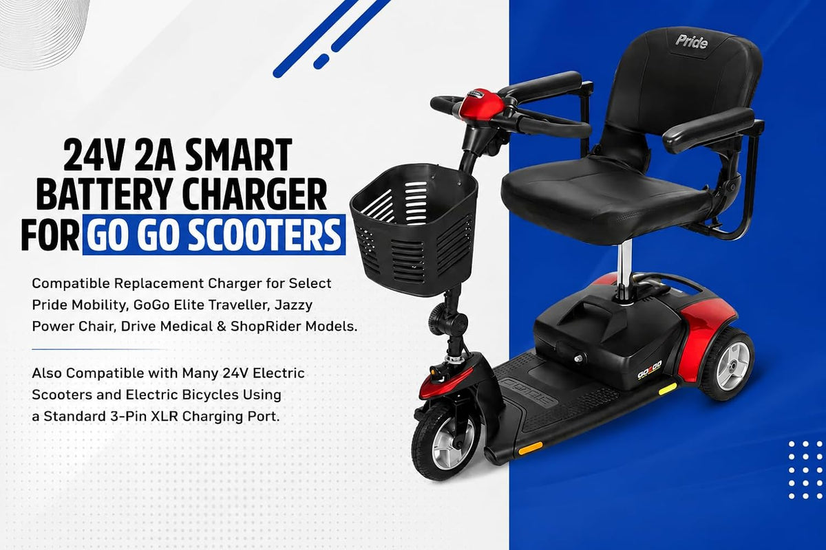 24V 2A Battery Charger for GoGo Mobility Scooter - 24V 2000mA Automatic SLA Scooter Charger (3-Pin XLR Connector) for Drive Medical, Go-Go Elite Traveller, Jazzy Power Chair, Pride Mobility, ShopRider