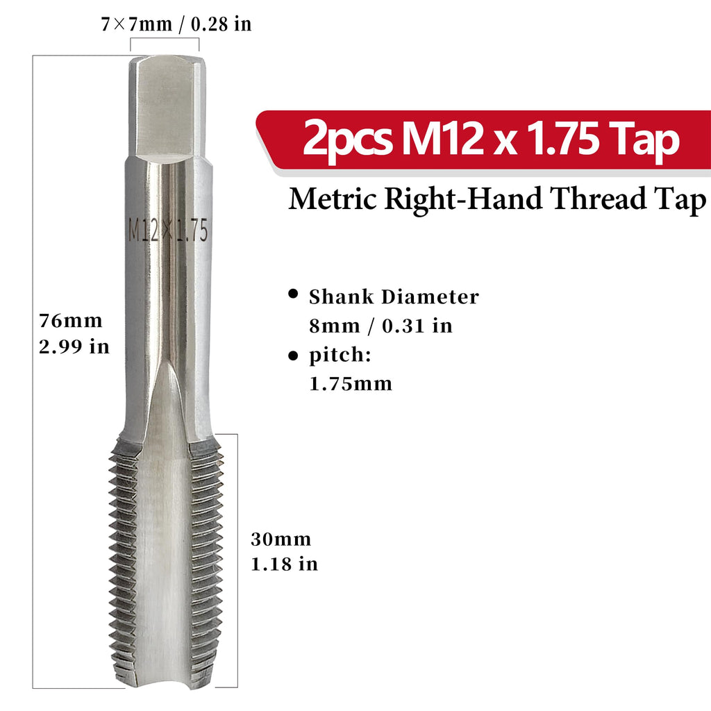 2Pcs M12 x 1.75 Metric Right-Hand Thread Tap, Hand M12x1.75 Taper & Plug Thread Tapping Tool for Cutting Internal Threads, Made of Alloy Tool Steel