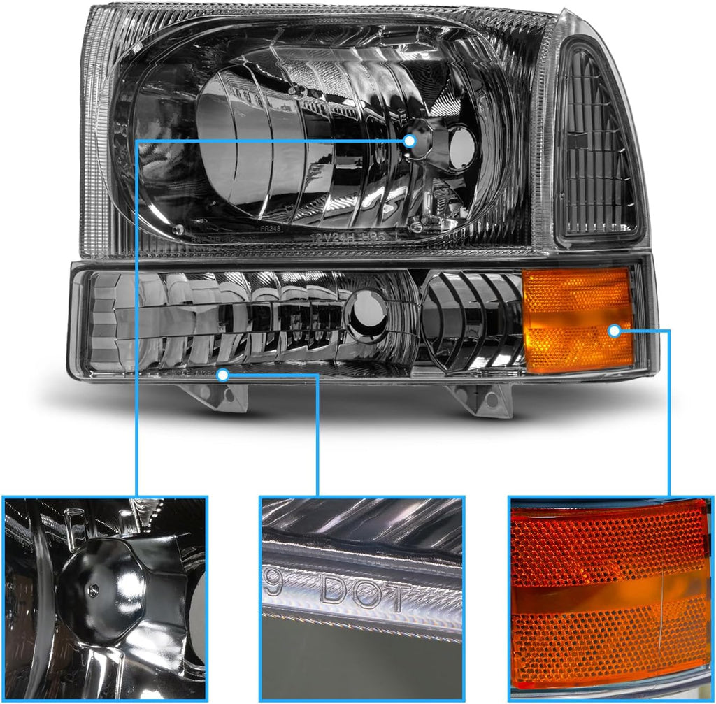 AmeriLite for 1999-2004 Ford Super Duty F250 F350 F450 F550 | Excursion Factory Style Gun-Metal Replacement Headlights w/Corner Bumper Set - Passenger and Driver Side