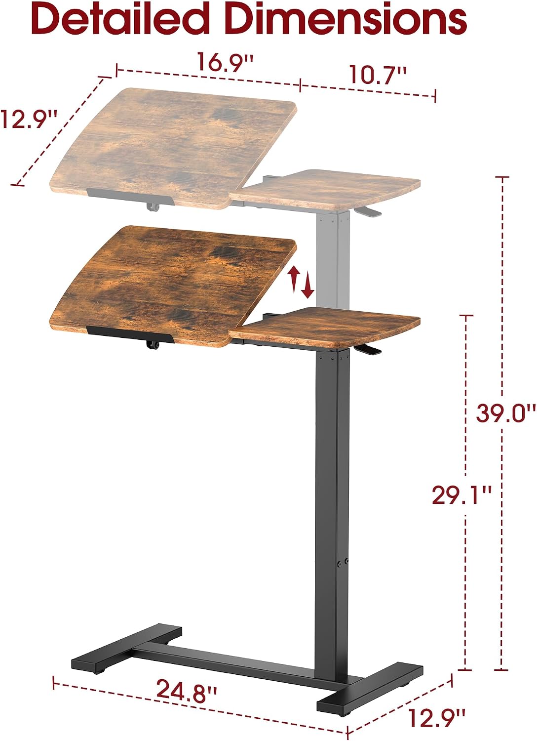 Overbed Bedside Table with Wheels, Right-Side Tilt Top, 29.1"–39" H