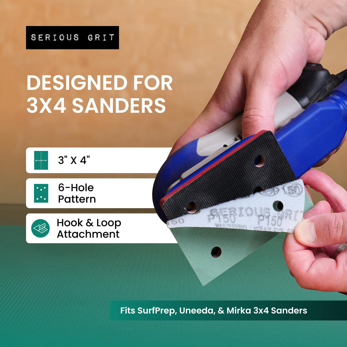 Serious Grit - 3" x 4" 6-Hole P180 Grit Sanding Sheets - 50 Pack Box