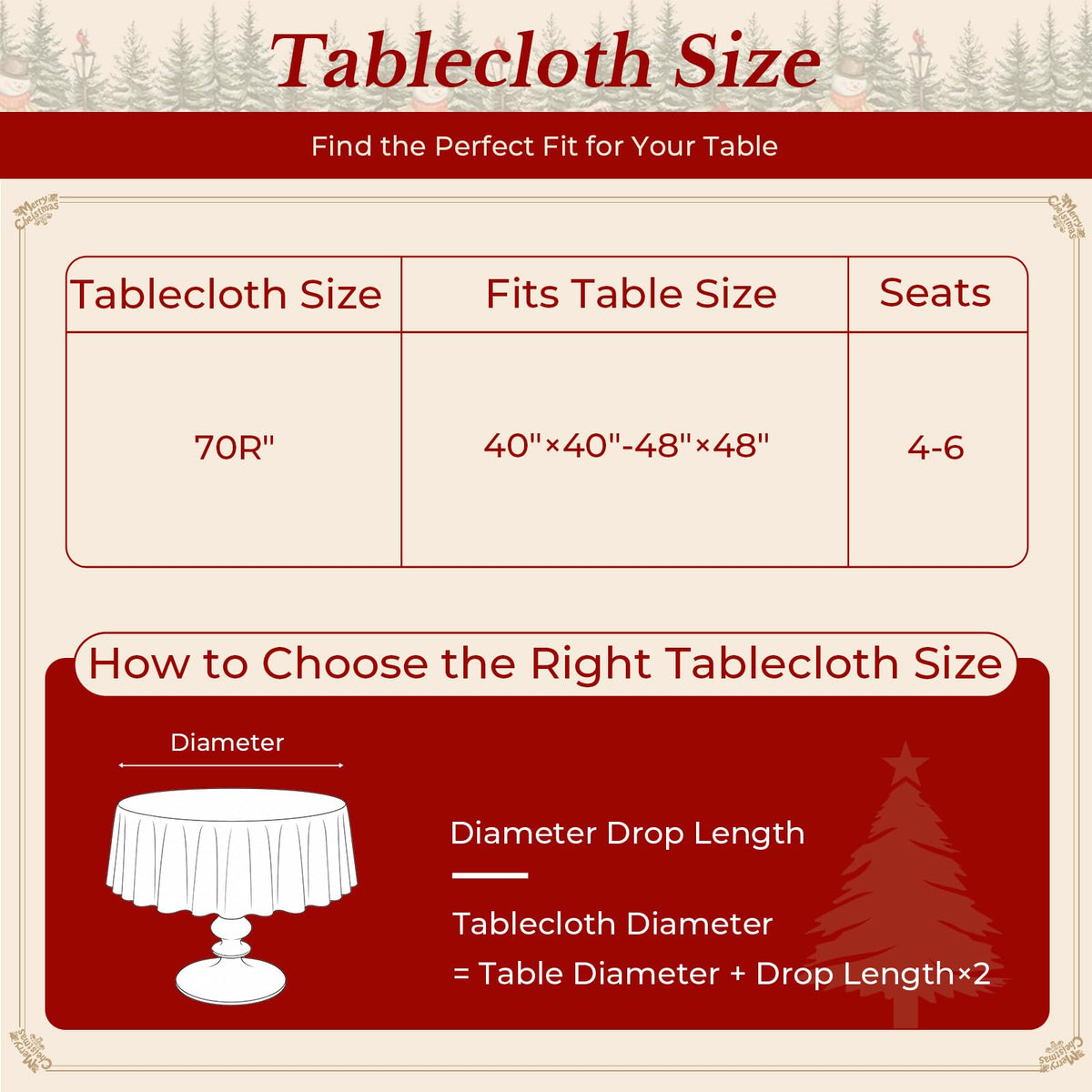 Christmas Table Cloth Round 70 Inch Winter Snowman Trees Red