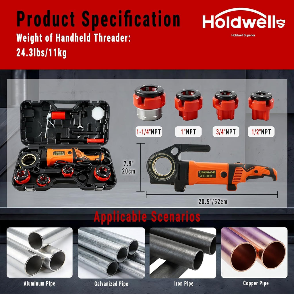 Holdwell S Electric Pipe Threader, 2300W 120V Hand-held Pipe Threading Machine with 4 NPT Dies (1/2" - 1-1/4"), Copper Motor Portable Threading Kit with Carrying Case