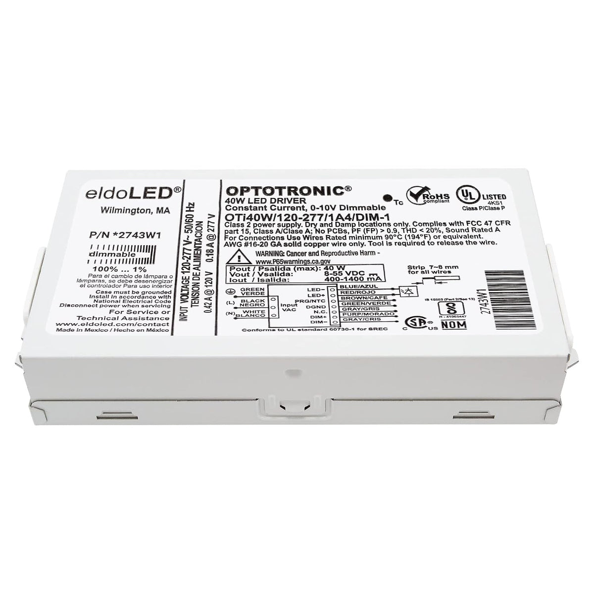 Pack of 10 - eldoLED *2743W1 OPTOTRONIC Programmable Compact 40 Watts Constant Current LED Driver, 0-10V Dimmable OTi40W/120-277/1A4 DIM-1 - Replacement/Compatible with Osram 57351