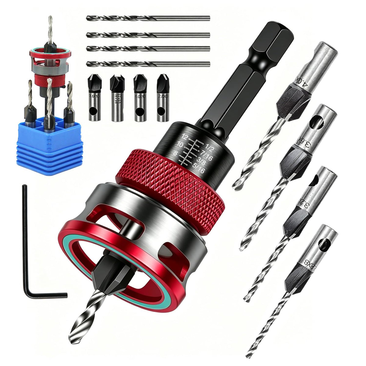 SUPFOX Countersink Drill Bits Set, 5PCS 4-Flute HSS M2 Bits with Depth Stop