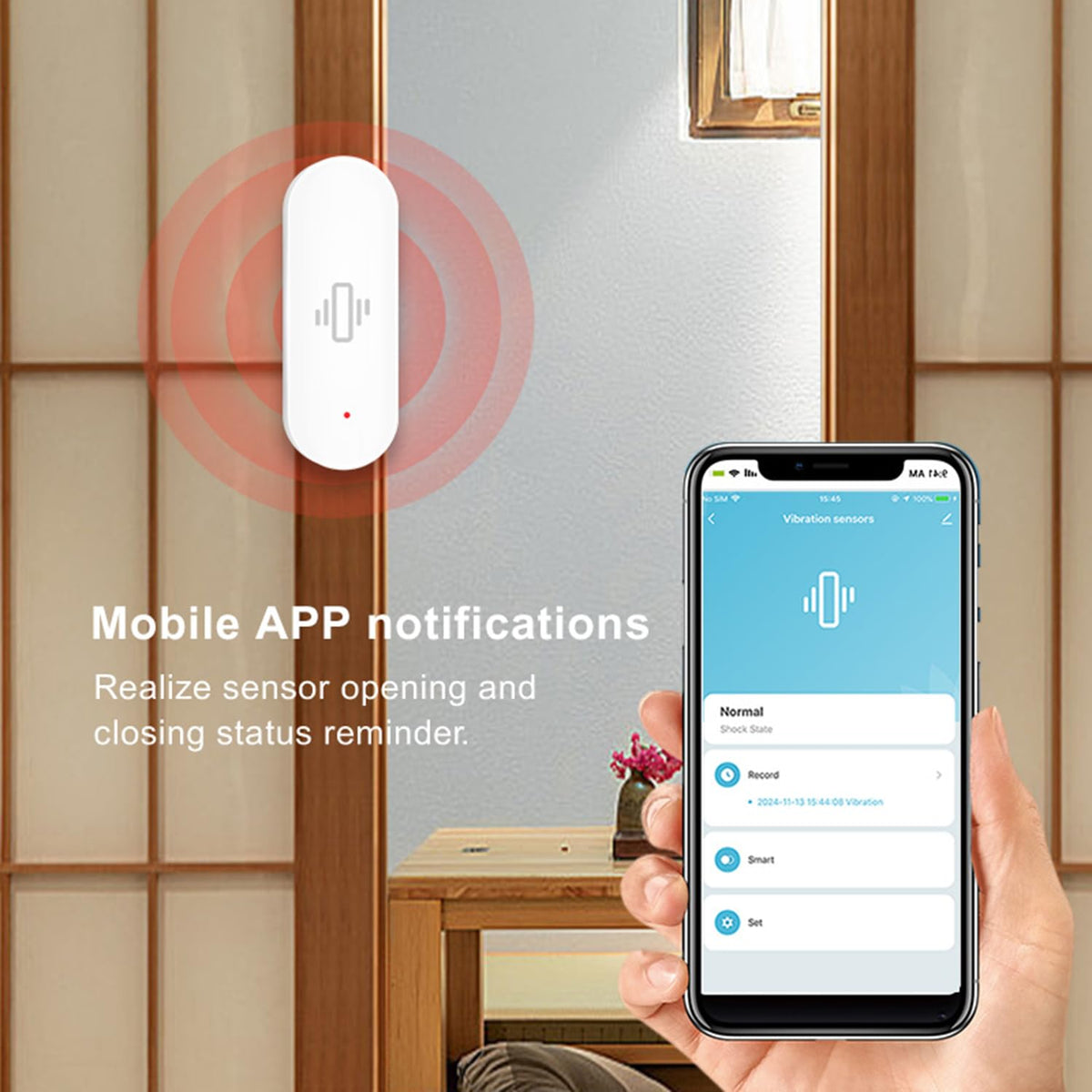 WiFi Vibration Sensor: Smart Door Window Sensor with App Alerts, Wireless Glass Break Detector, Adjustable