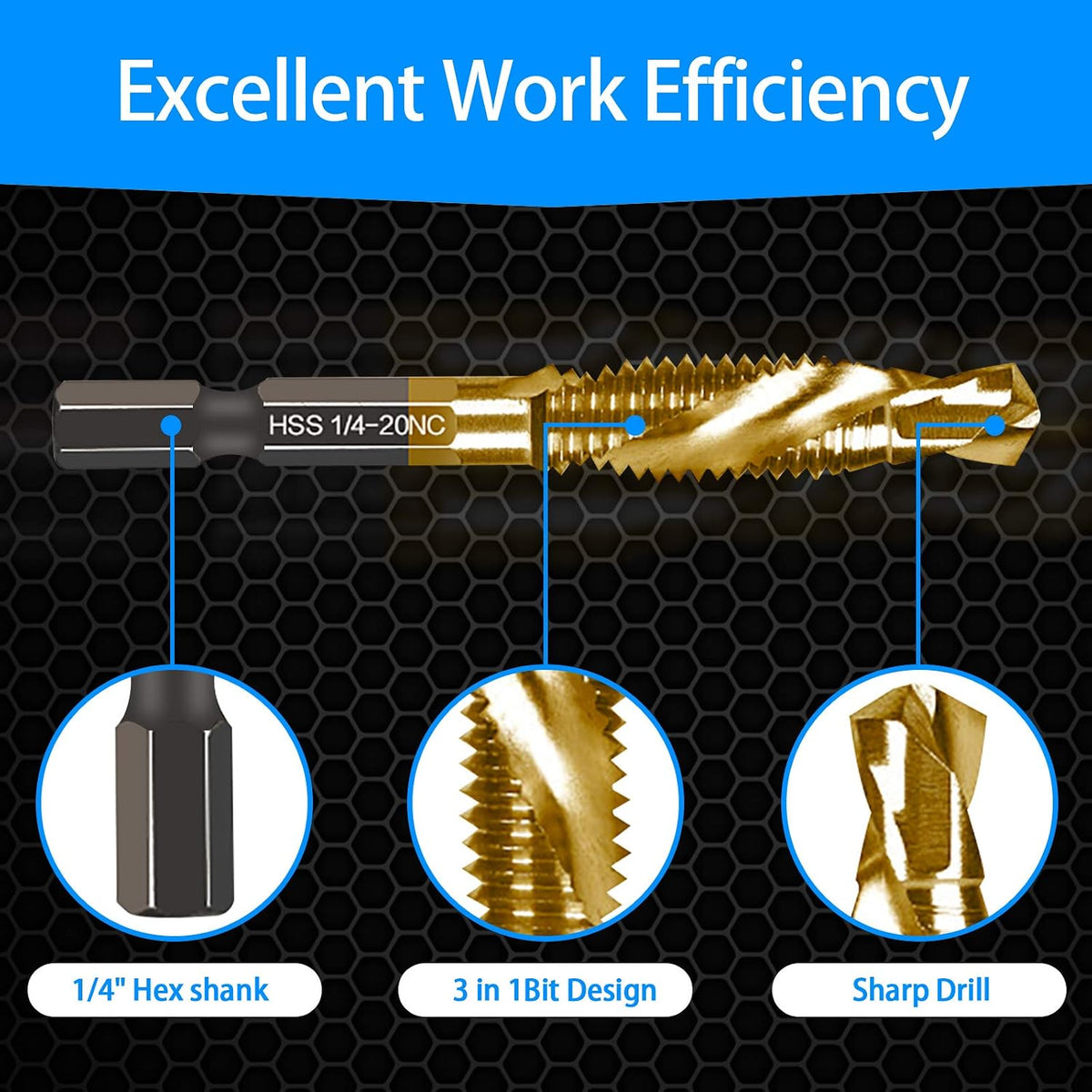 6-pc 10-32NC Combination Drill Tap Bit Set SAE, 10-32NC Thread Size, Titanium Coated High-Speed Steel, Ideal for Drilling Threading and Countersinking in Soft Metal Wood and Plastic, 1/4” Hex Shank