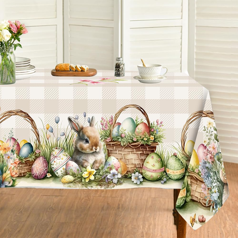 Easter Tablecloth 60x84 Inch Rectangular, Cute Bunny Eggs Flower Butterfly Watercolor Rabbits Table Cloth, Easter