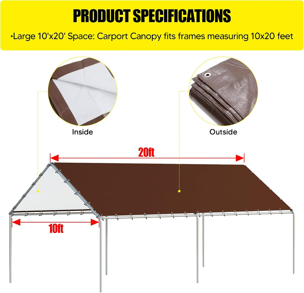 10 x 20 Ft Carport Replacement Canopy Cover Garage Top Tent Shelter Tarp with Free 48 Ball Bungee Cords,Brown (Only