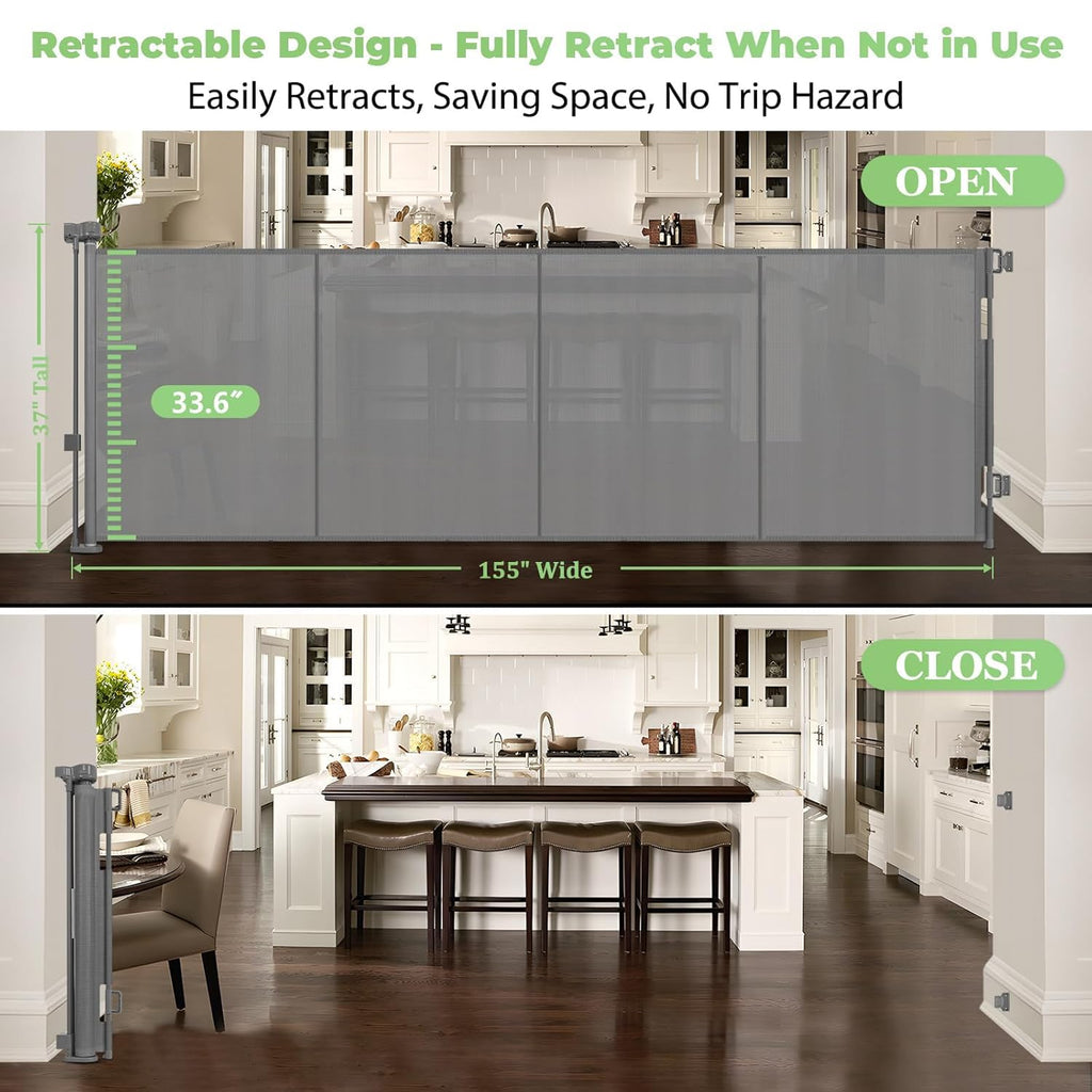 37" Tall x 155" Extra-Wide Retractable Indoor/Outdoor Mesh Pet & Child Safety Gate with One-Hand Safety Lock for Wide Openings, Patios & Stairways