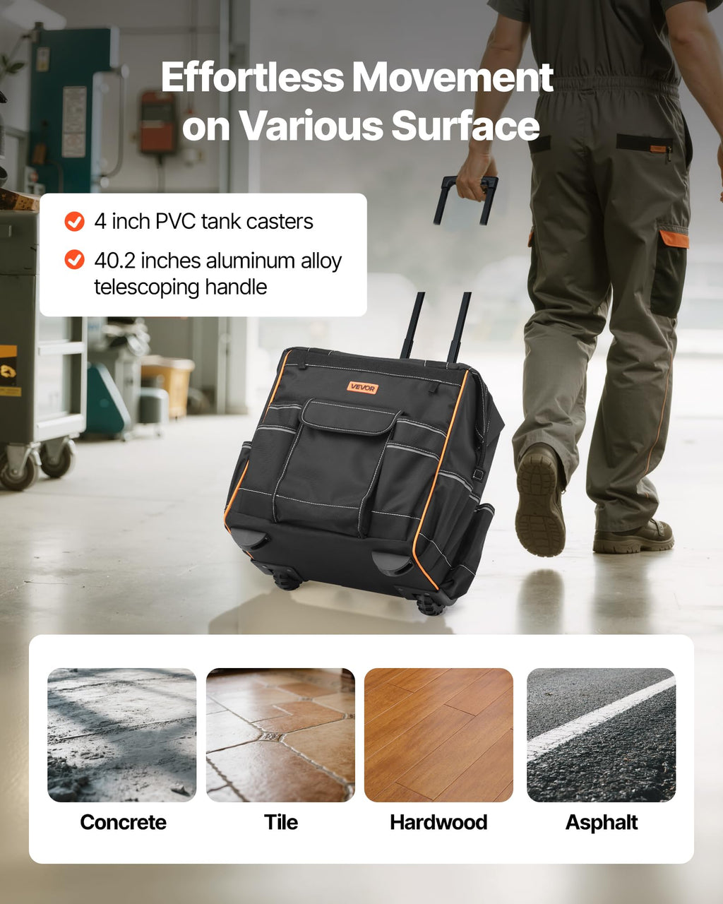 15" Rolling Tool Bag, 110 lbs Load Capacity, 25 Pockets Heavy Duty Roller Tool Bag on Wheels, Adjustable Telescoping