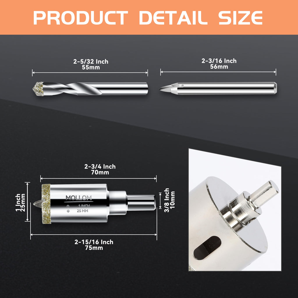 MOLLOM 1" (25mm) Diamond Hole Saw with 2 Pilot Drill Bit