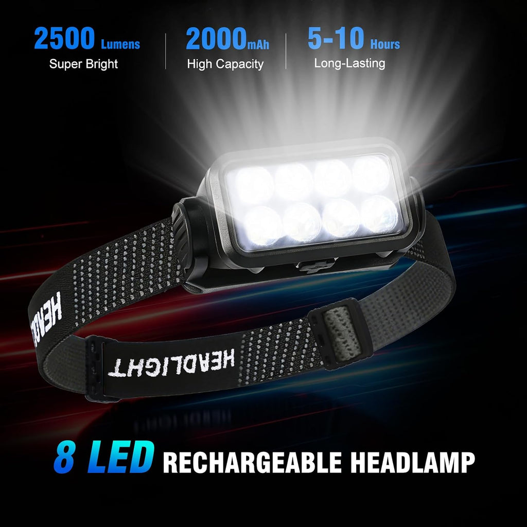 LED Headlamp Rechargeable, 2500 Lumen Super Bright Head Lamp