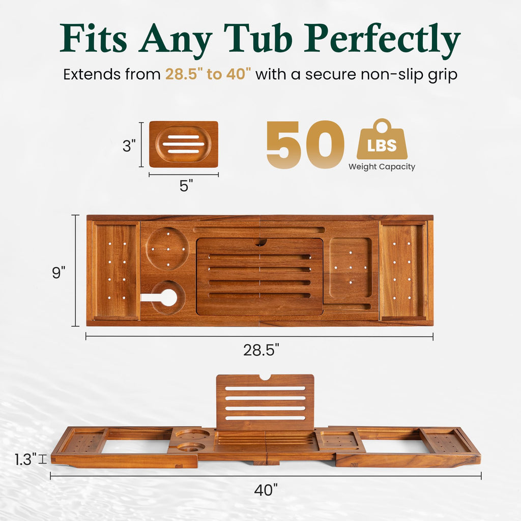 Teak Bathtub Tray Caddy, Adjustable Wood Bath Organizer