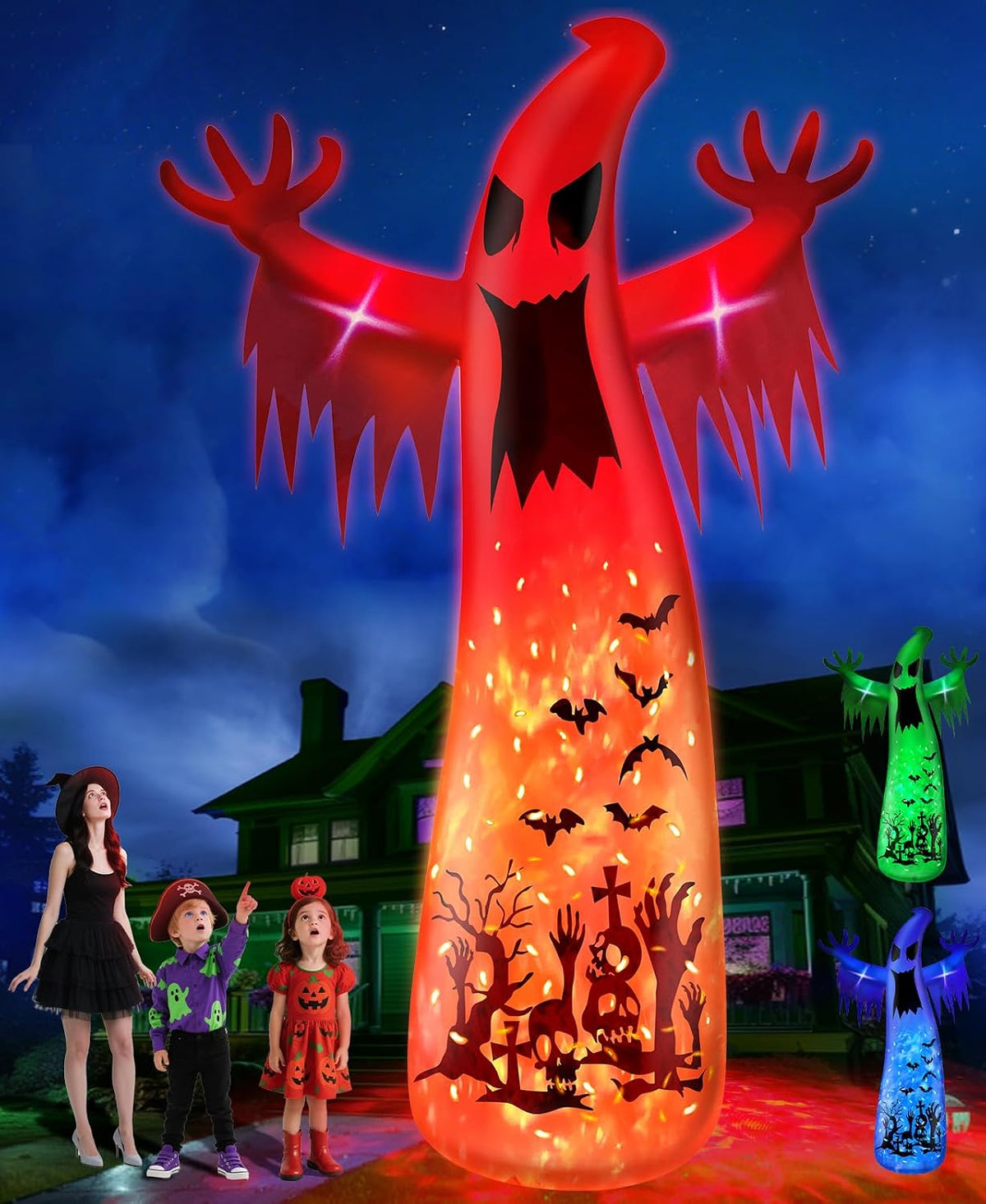 14 Ft Giant Halloween Inflatable Ghost Decorations Outdoor with 3 Colored Rotating Flame LED Changing Red Blue Green