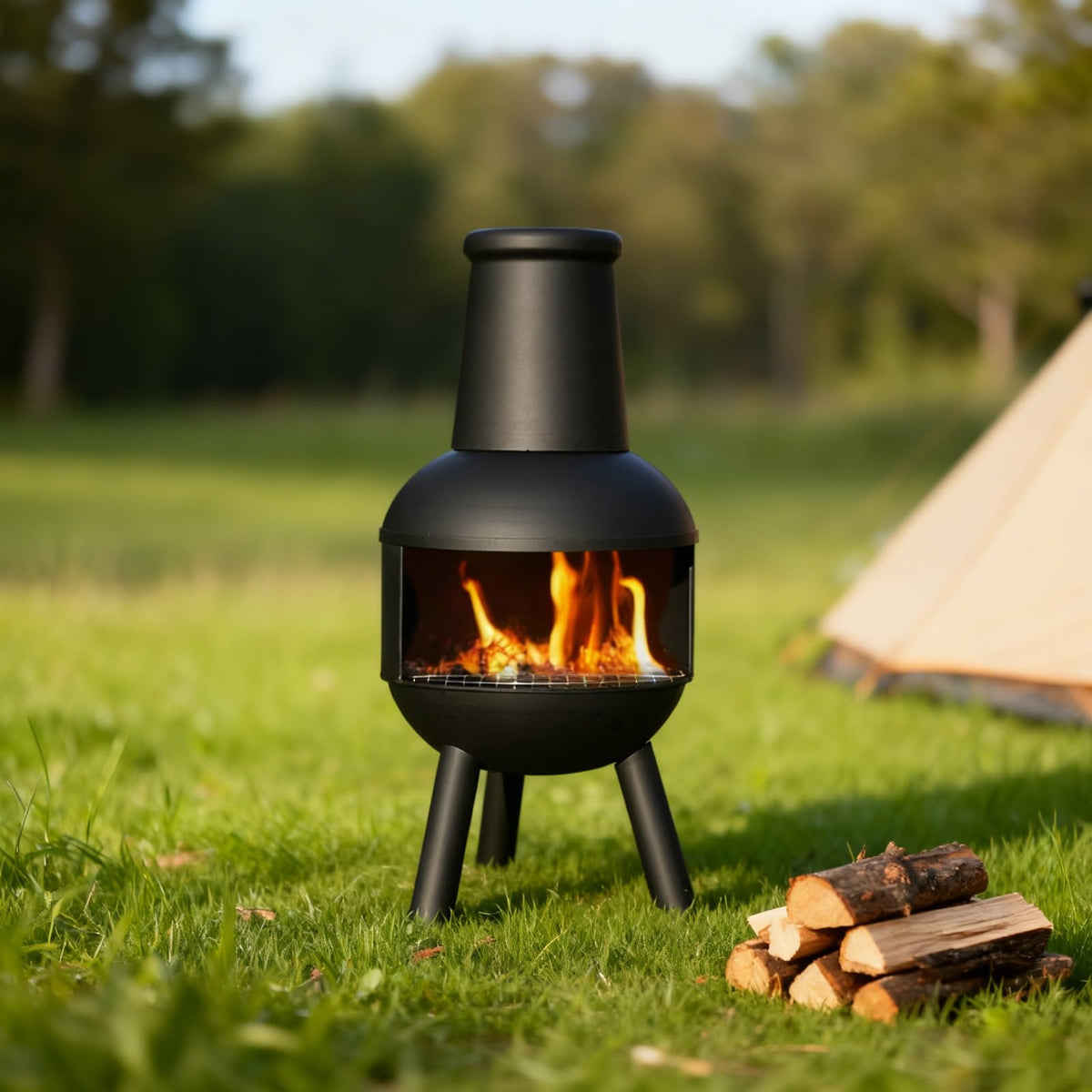 Chiminea, Outdoor Wood Burning Firepit, Fireplace for BBQ & Warming, with Grill Mesh, Chimney & Firewood Rack