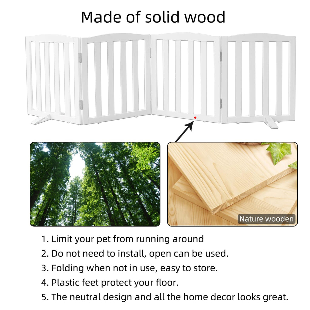 Freestanding Solid Wood Folding Pet & Dog Barrier Gate with Support Feet for Wide Indoor Openings, Hallways & Stairs — White