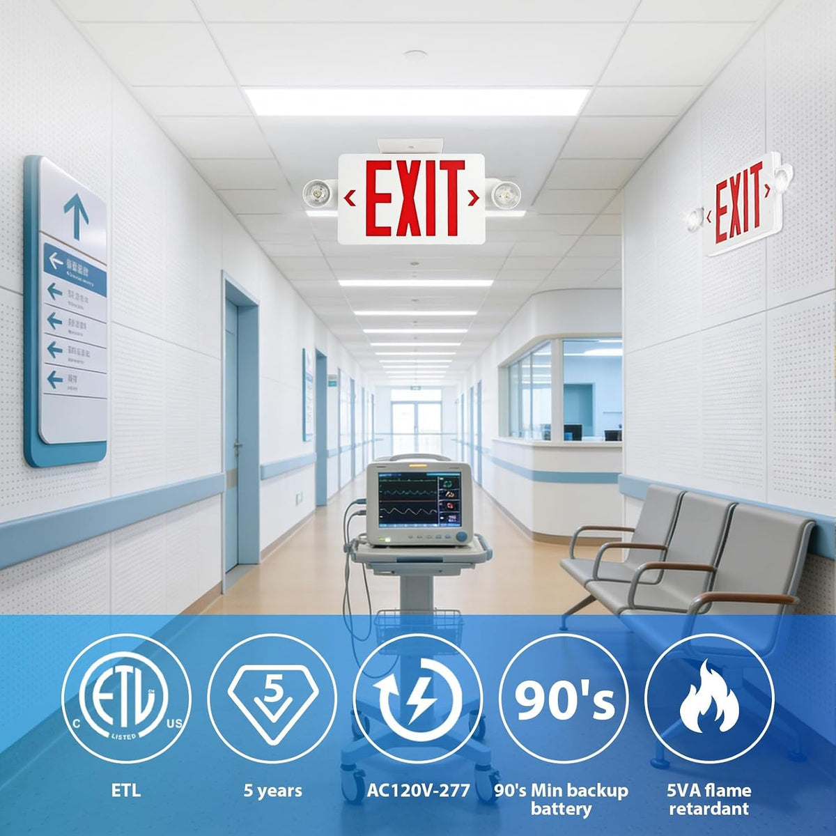 2 Pack Exit Sign with Emergency Lights,ETL listed,Battery Backup