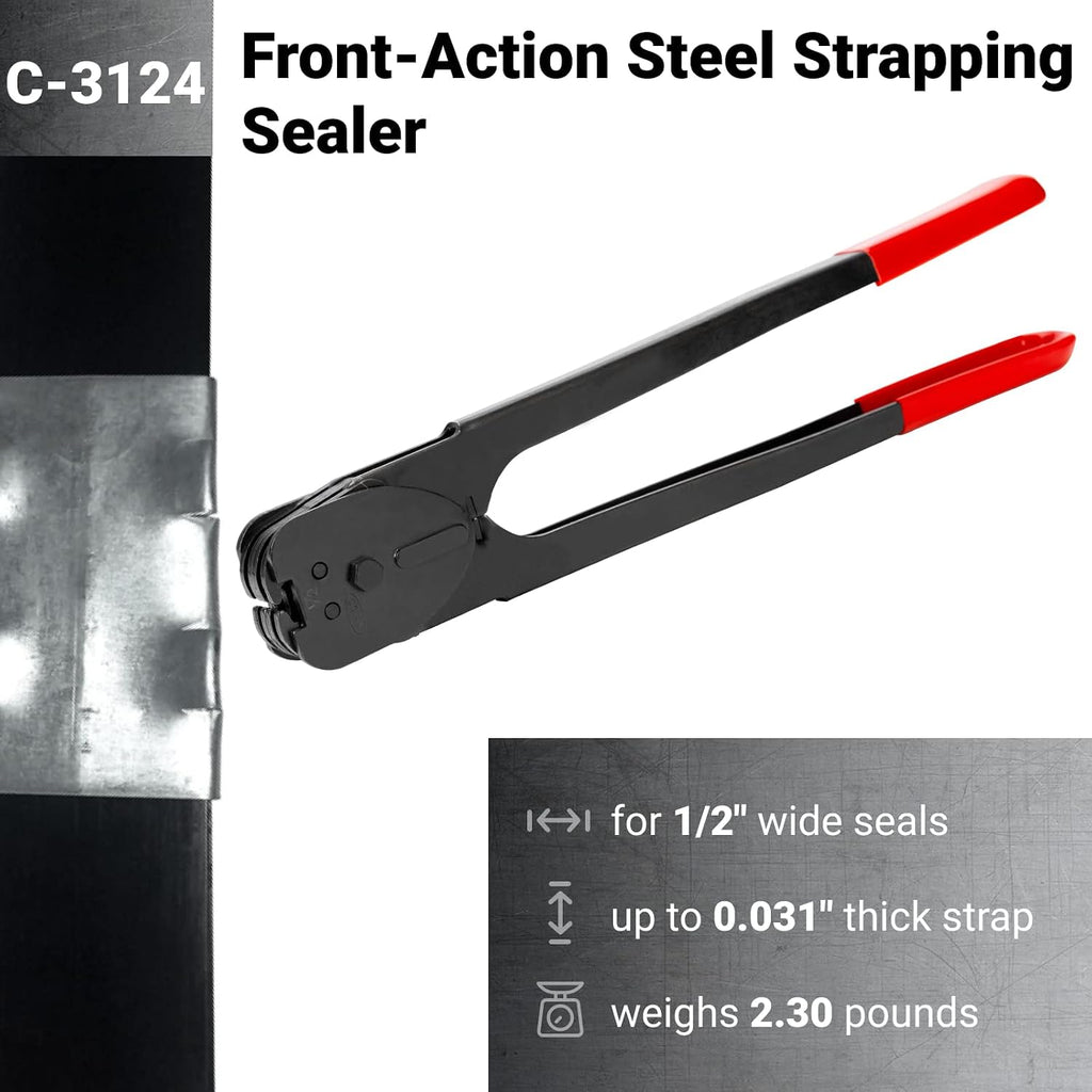 C-3124 Double-Notched Front-Action Sealer/Crimper for 1/2" Steel Strapping – Durable Tool with Long Handle – Good for