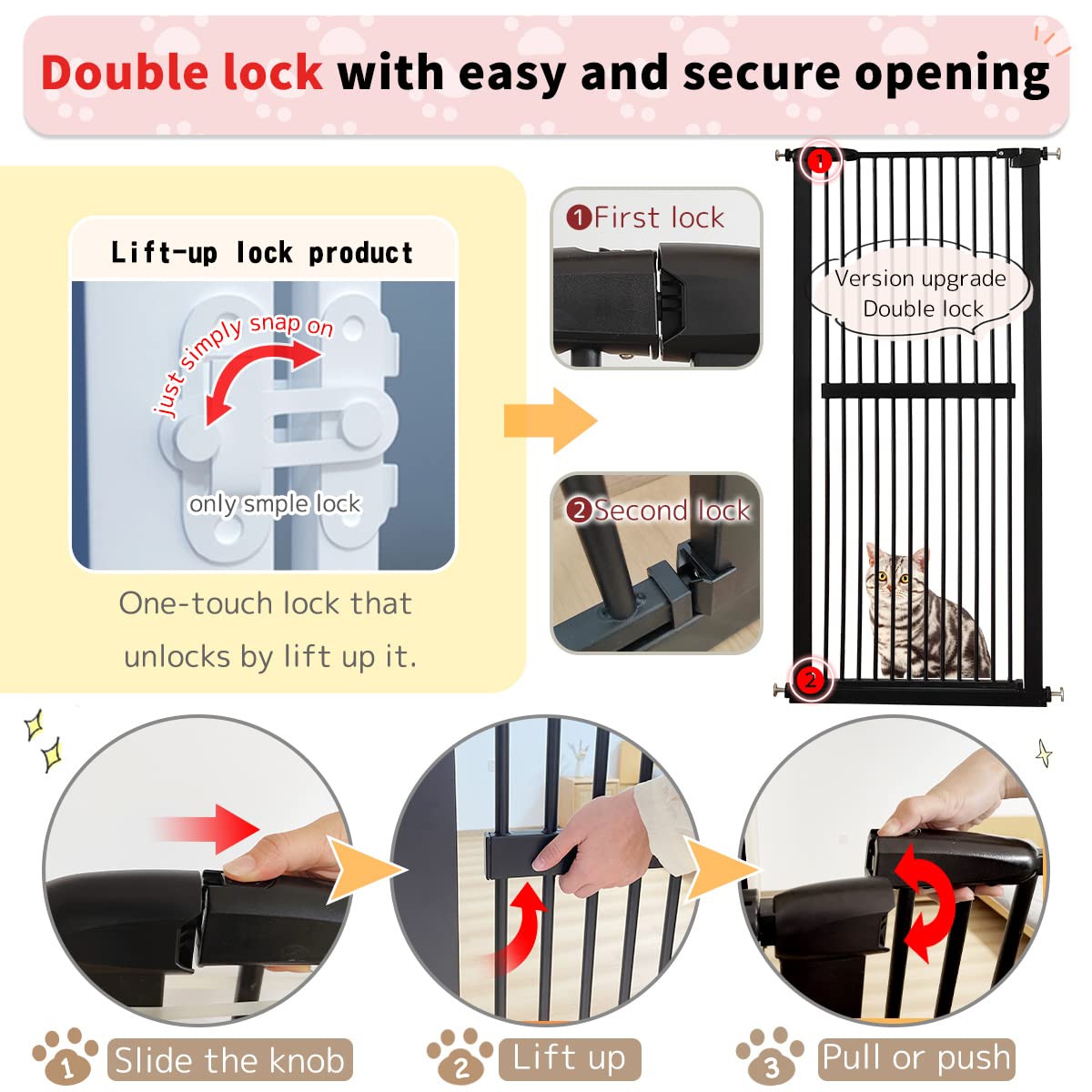 61.02" x 30.12-34.05" Wide Extra-Tall & Extra-Wide Adjustable Hardware/Pressure-Mounted Pet & Child Safety Gate with Dual-Lock Walk-Through Swing Door for Stairs, Hallways & Wide Doorways — Black
