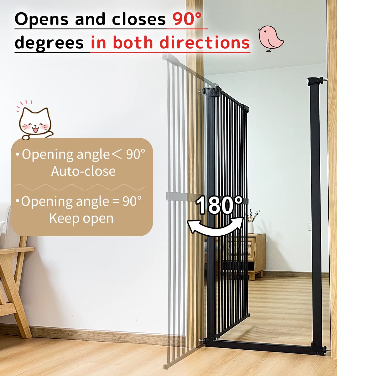 61.02" x 30.12-34.05" Wide Extra-Tall & Extra-Wide Adjustable Hardware/Pressure-Mounted Pet & Child Safety Gate with Dual-Lock Walk-Through Swing Door for Stairs, Hallways & Wide Doorways — Black