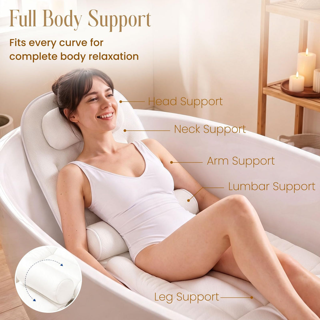 Full Body Bath Pillow for Bathtub，Bathtub Pillows for Neck Full Back Support, Thick Luxury Tub Cushion 54" x 14" White