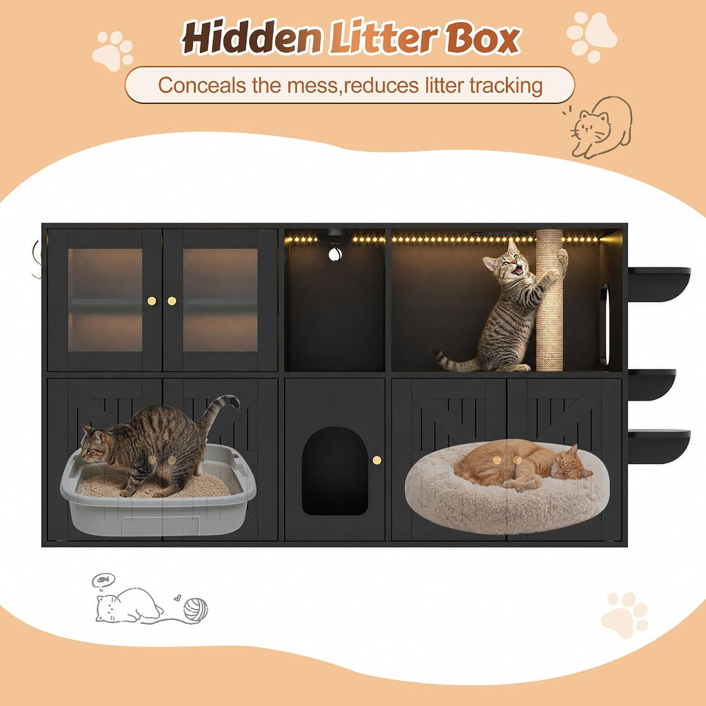 Farmhouse Cat Litter Box Enclosure Hidden Cat House Black