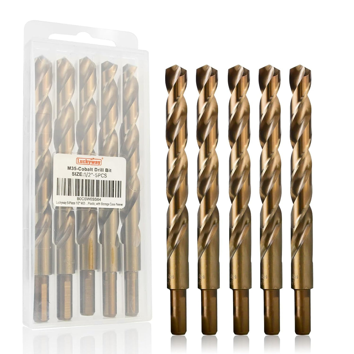 Luckyway 1/2" Cobalt Drill Bit (5 Pcs), Jobber Length Twist Drill Bit Set for Hard Metal, Stainless Steel, Cast Iron, Wood and Plastic, with Storage Case