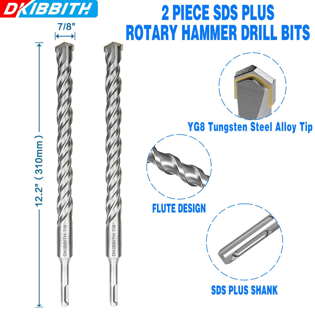 2-Pack SDS Plus Masonry Drill Bits 7/8 Inch x 12 Inch Long Rotary Hammer Drill Bits Carbide Tipped for Concrete Brick Cement Stone Block.