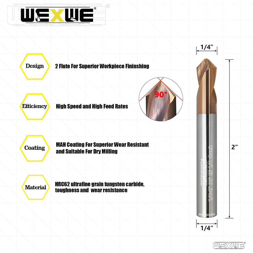 WEXWE Tools Chamfer End Mill,Drill Tip with Cutting Edge for Carving, Drilling and Chamfering Suit for Alloy Steel, Hardened Steel, 90 Degree 2 Flute(1/4-2"-2CPS)