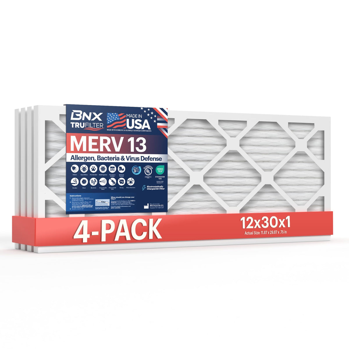 TruFilter 12x30x1 Air Filter MERV 13 (4-Pack) - MADE IN USA - Electrostatic Pleated Air Conditioner HVAC AC Furnace