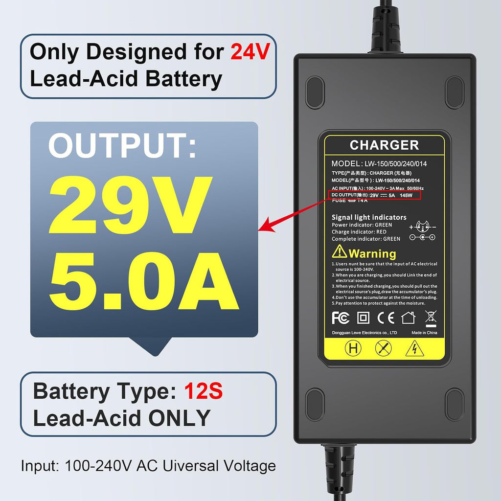 29V 5A for 24V 5A 3-Pin Male XLR Connector Battery Charger for Lakematic, Pride Mobility, Jazzy Power Chair, Drive Medical, Golden Technologies, Shoprider, Rascal 200T/500T/301 PC 24BC5000TF-1