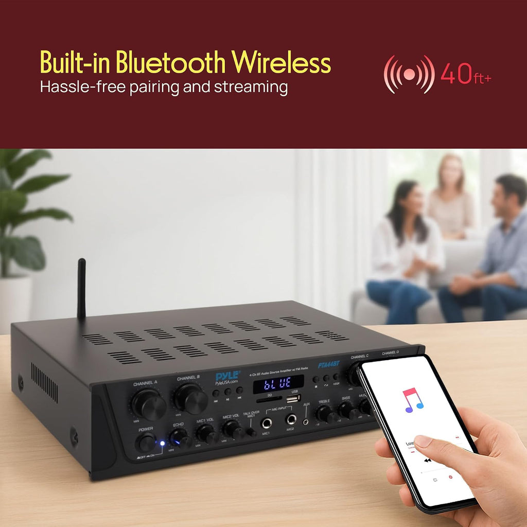 4-Channel Audio Amplifier with Bluetooth - Home Stereo Receiver w/ 500W Max Power - Commercial or Karaoke - Dual Mic