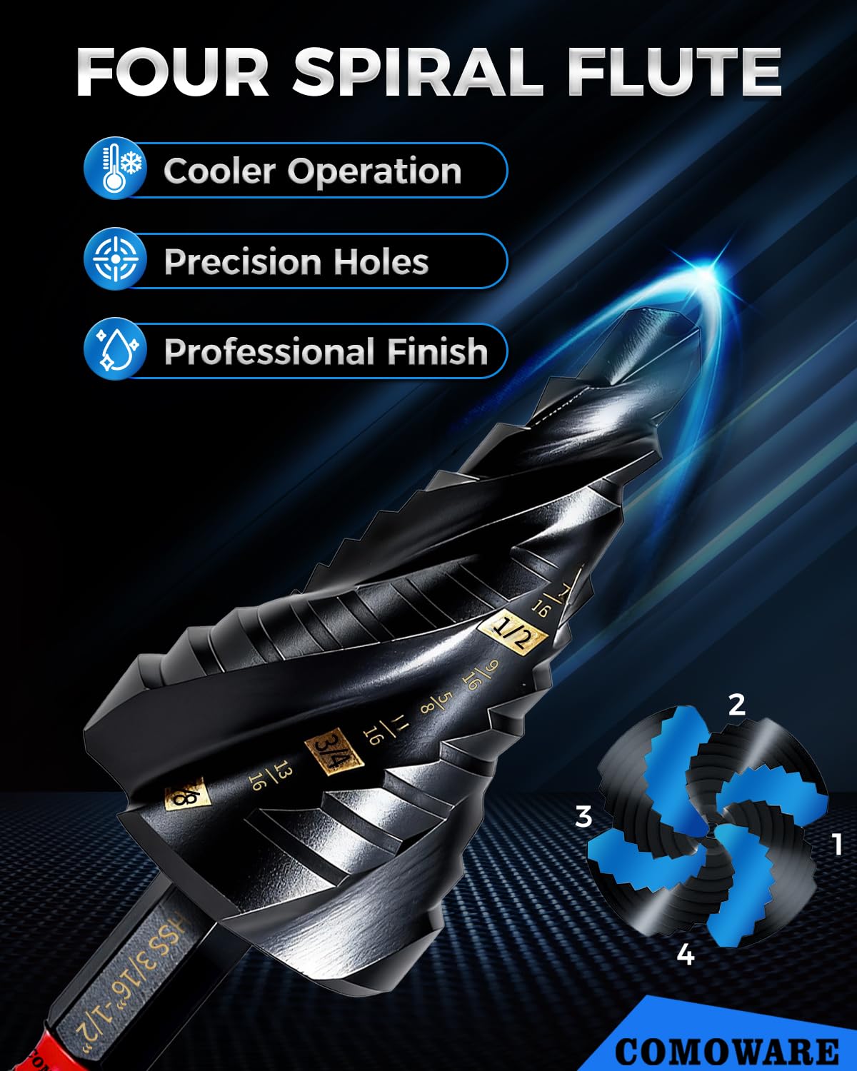 M2 Step Drill Bit Set, 1/8~1-3/8" 5Pcs 4 Spiral Flute AlTiN Coated Step Bit