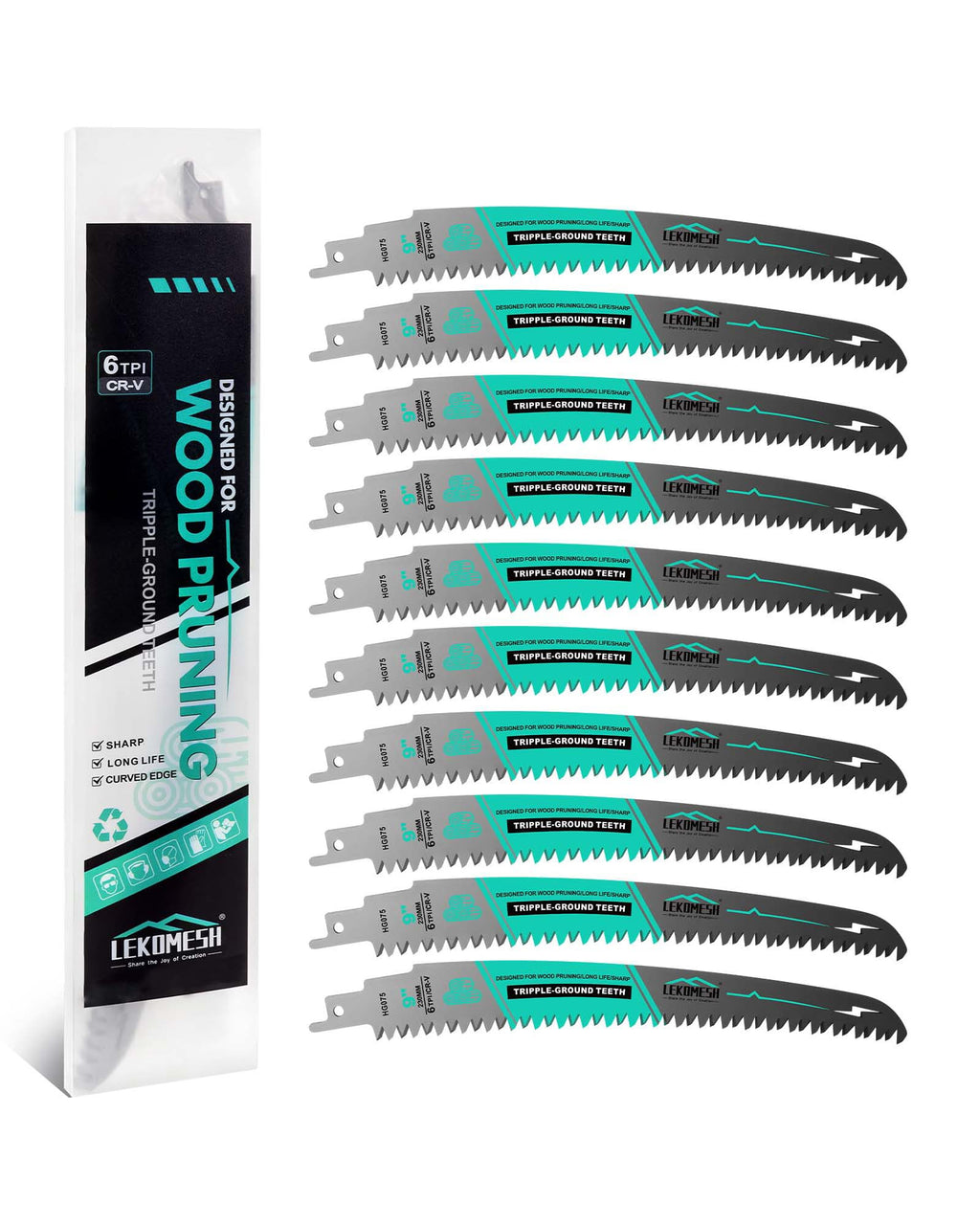 LEKOMESH 9" Japanese Teeth Reciprocating Saw Blades Wood Pruning - 10pcs Curved Edge 6TPI for Tree Trimming, Wood/PVC Pipe Cutting, Cr-V Sabre Blades Better Wear Resistance