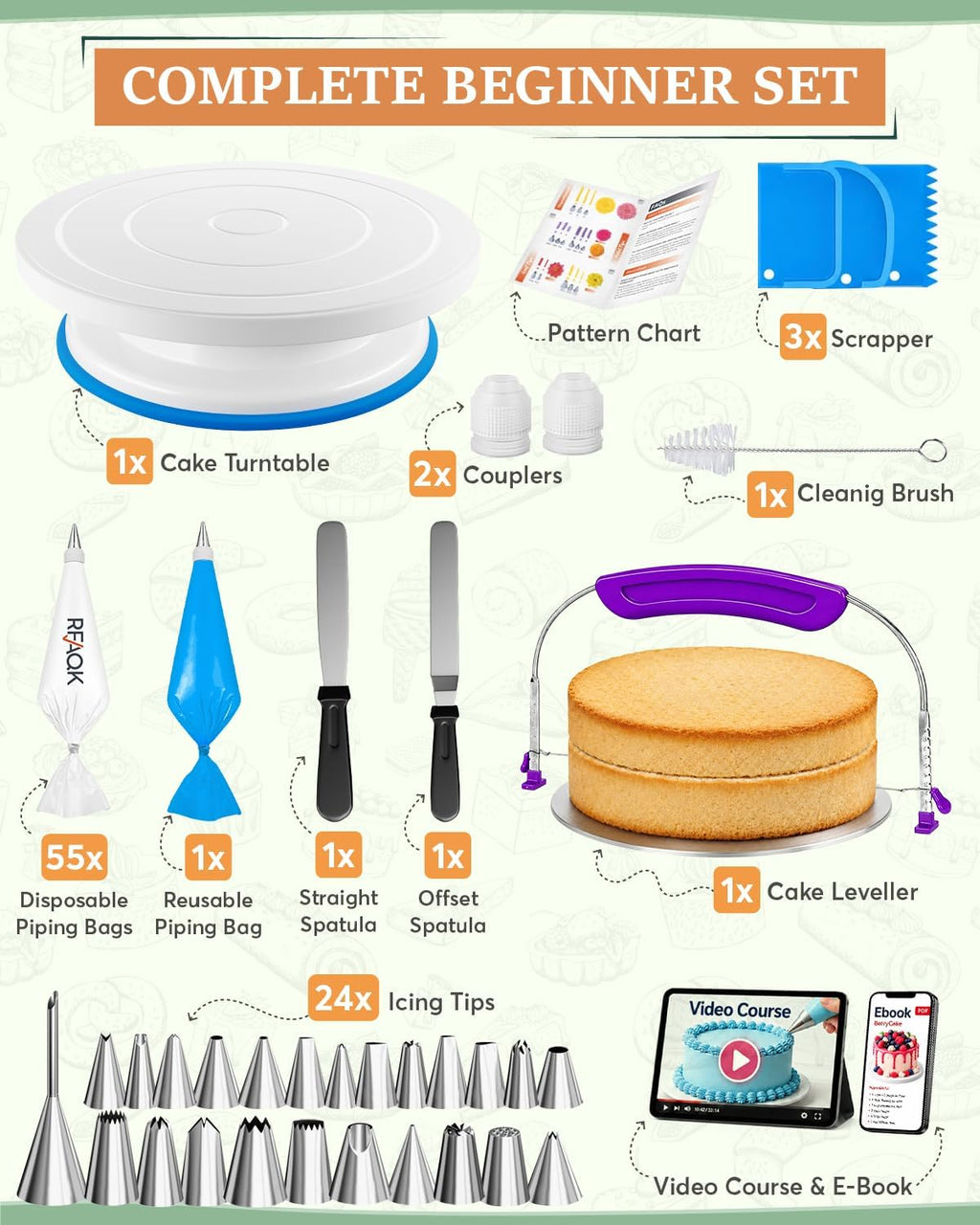 90PCs Cake Decorating Kit with Video Course for Beginners & Pros