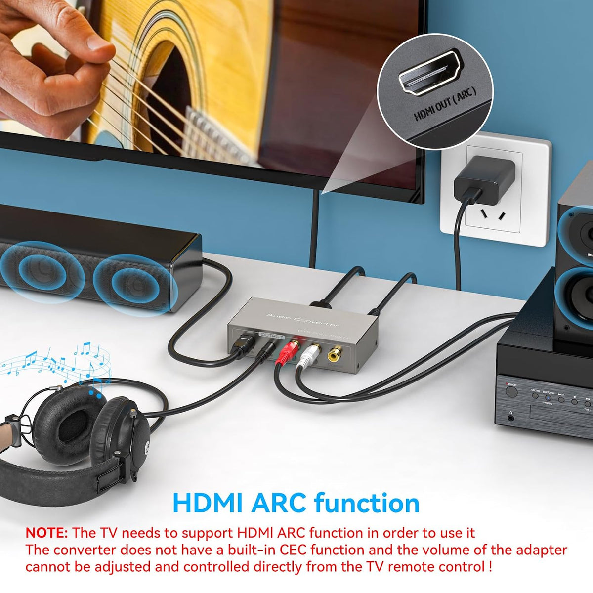 HDMI ARC to RCA Audio Converter 3 in 1 Digital to Analog Audio Converter with Optical Coaxial ARC Input Toslink