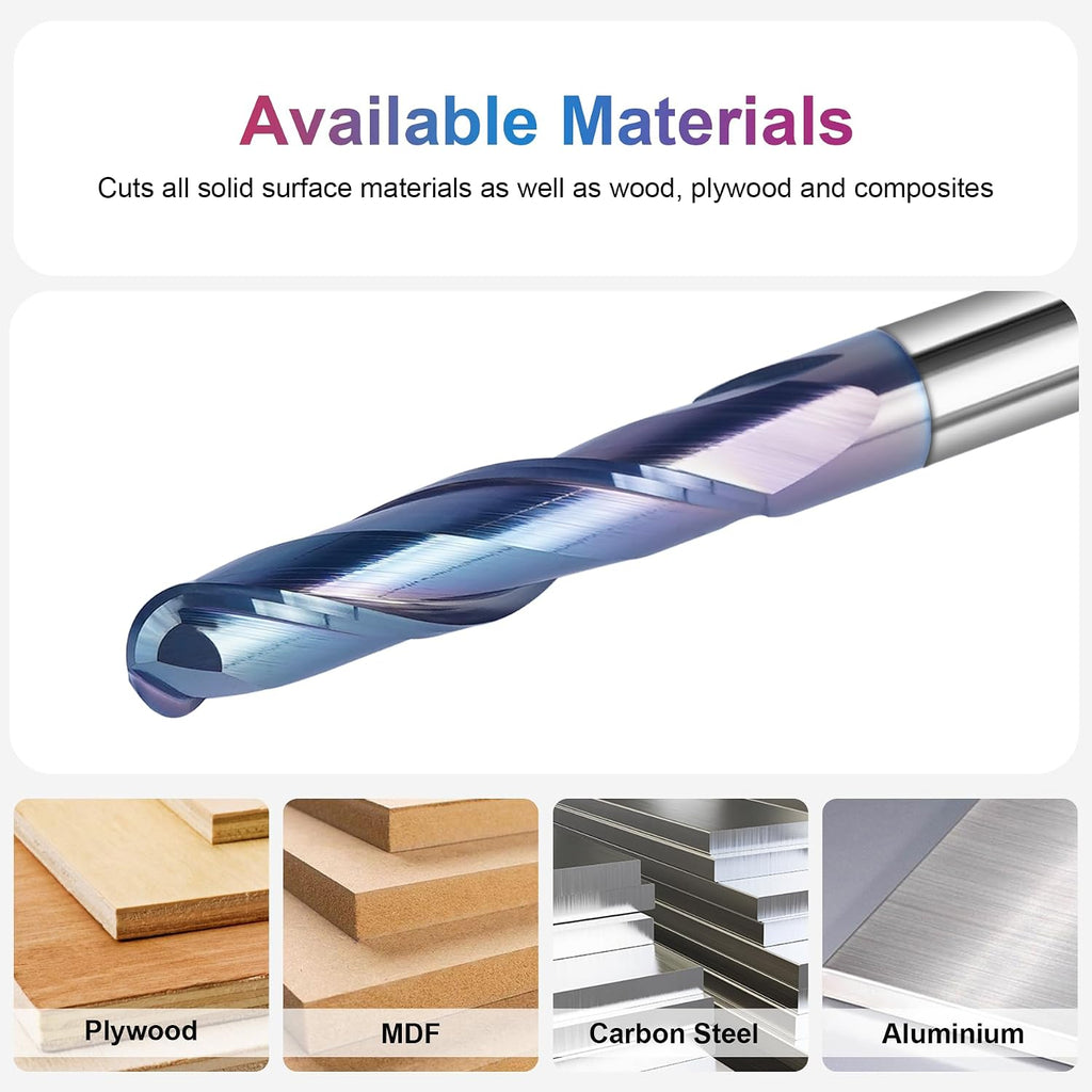 SpeTool Ball Nose CNC Spiral Router Bits, Double Flutes Carbide End Mill 1/4 Inch Shank with TAC Coating, 3 inch Over Length