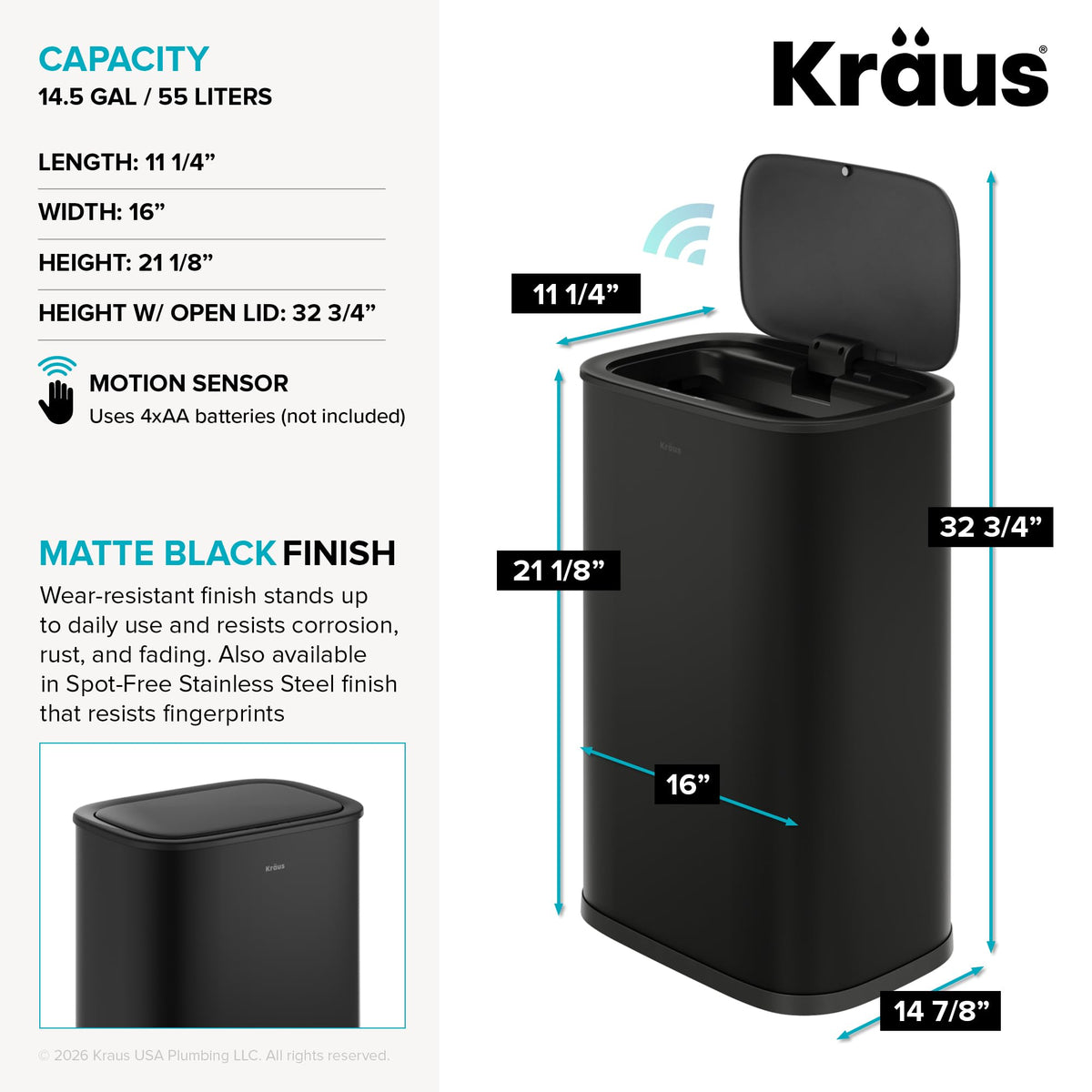 WasteGuard 14.5 Gallon / 55 Liter Motion Sensor Kitchen Trash Can in Matte Black with Bag Securing Ring and Soft