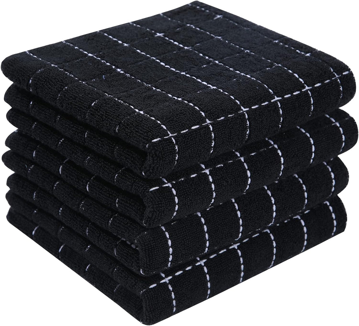 100% Cotton Terry Kitchen Towels, 4 Pack, Black | Ultra Soft and Absorbent Dish Towels for Kitchen, Suitable for