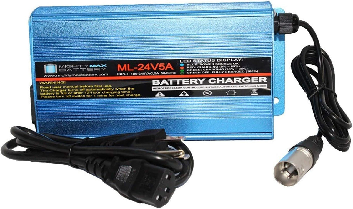 Mighty Max Battery 24V 5Amp 3 Stage XLR Charger for Hoveround Forerunner, MPV 4, MPV 5