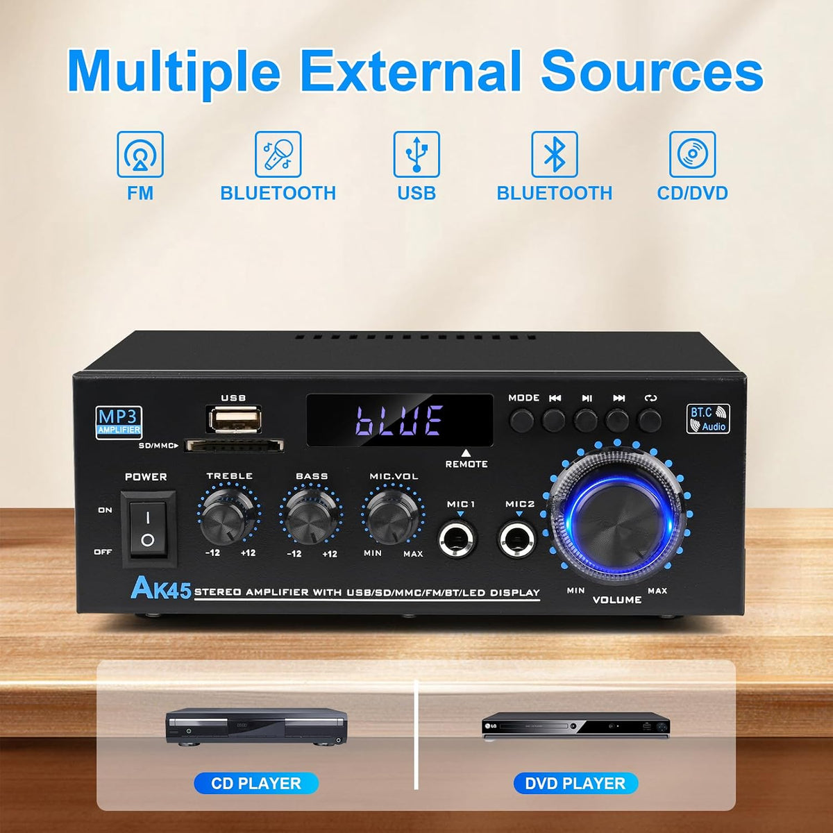 AK45 Bluetooth 5.0 Audio Amplifier 400W 2 Channel Stereo Receiver
