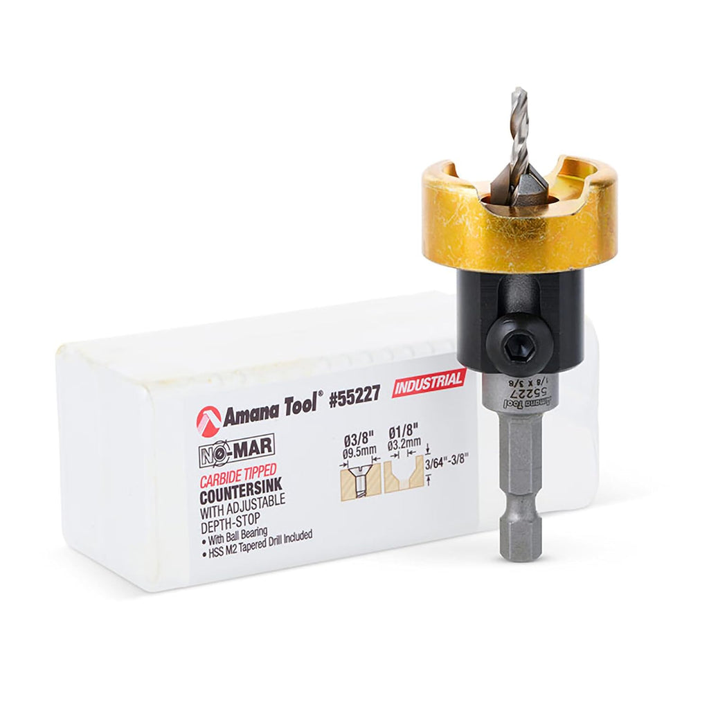 Amana Tool 55227 Carbide Tipped 82 Degree Countersink Set with Adjustable Drill Bit Depth Stop and No-Thrust Ball Bearing 3/8 Dia x 1/8 Drill Dia x 1/4 Inch Quick Release Hex Shank