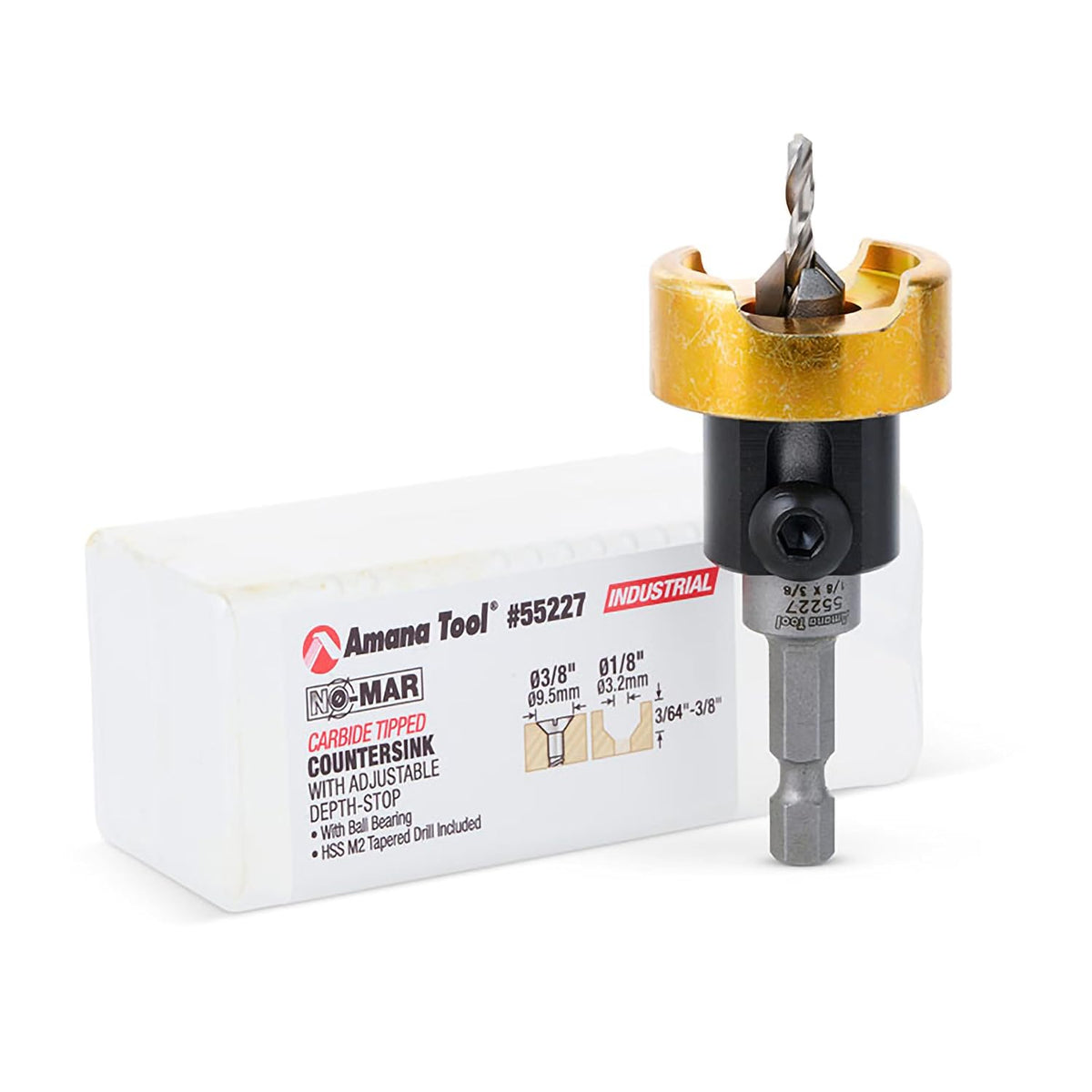 Amana Tool 55227 Carbide Tipped 82 Degree Countersink Set with Adjustable Drill Bit Depth Stop and No-Thrust Ball Bearing 3/8 Dia x 1/8 Drill Dia x 1/4 Inch Quick Release Hex Shank
