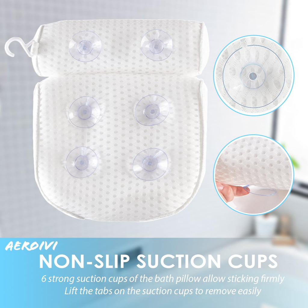 Luxury Bath Pillows for Tub Soft Mesh Strong 6 Suction Cups White