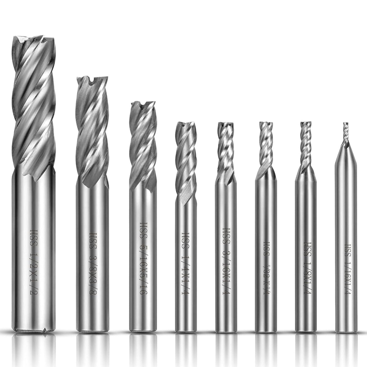8Pcs 4-Flute Straight End Mill Set,1/8"-1/2" CNC Milling Cutter Drill Bits