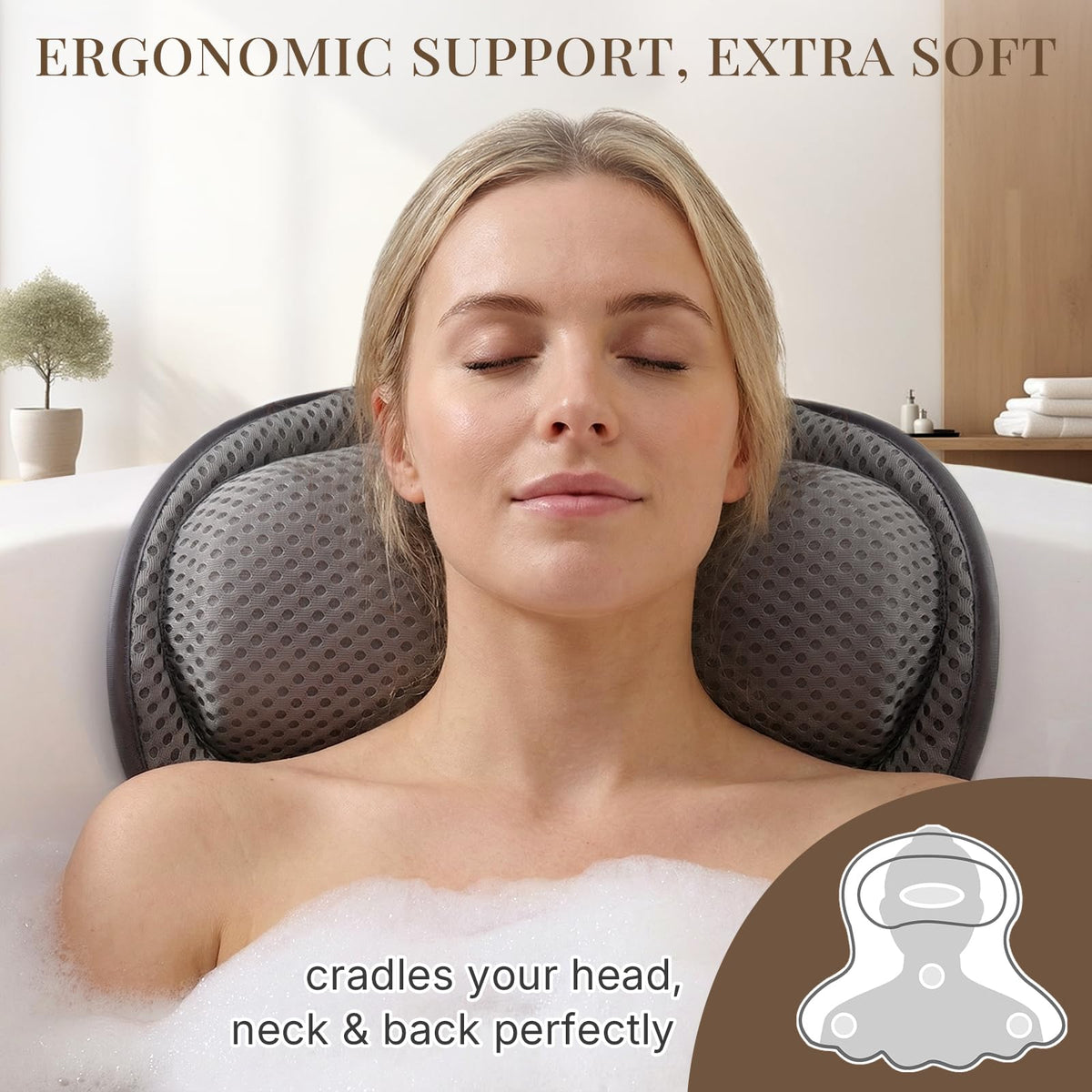Bath Pillows for Tub, Luxury Bathtub Pillow for Head and Neck Support, Gray