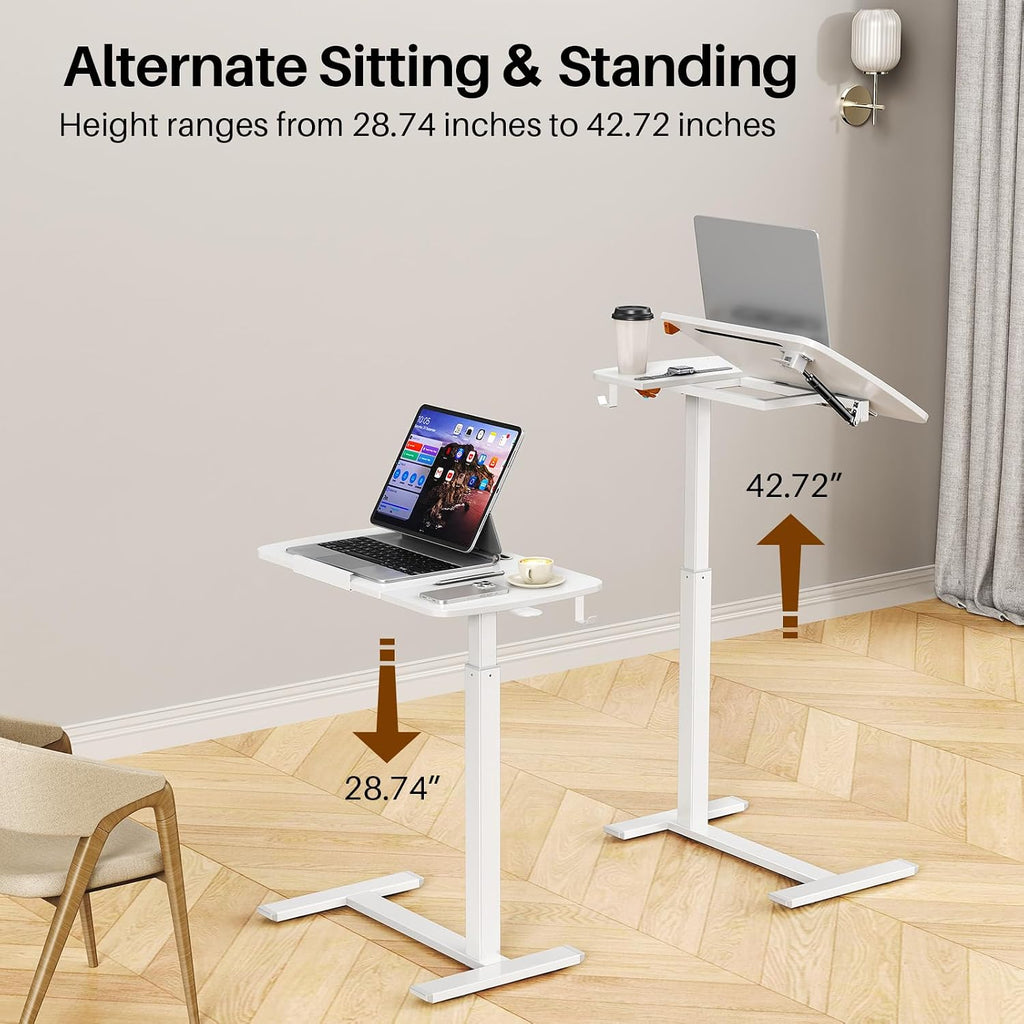 Overbed Table with Wheels, Pneumatic Height and Tilting Desktop