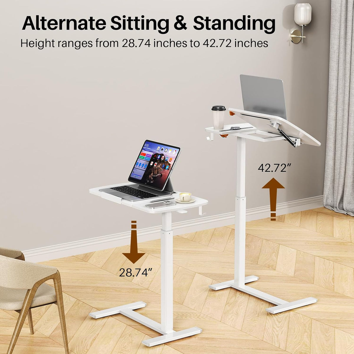 Overbed Table with Wheels, Pneumatic Height and Tilting Desktop