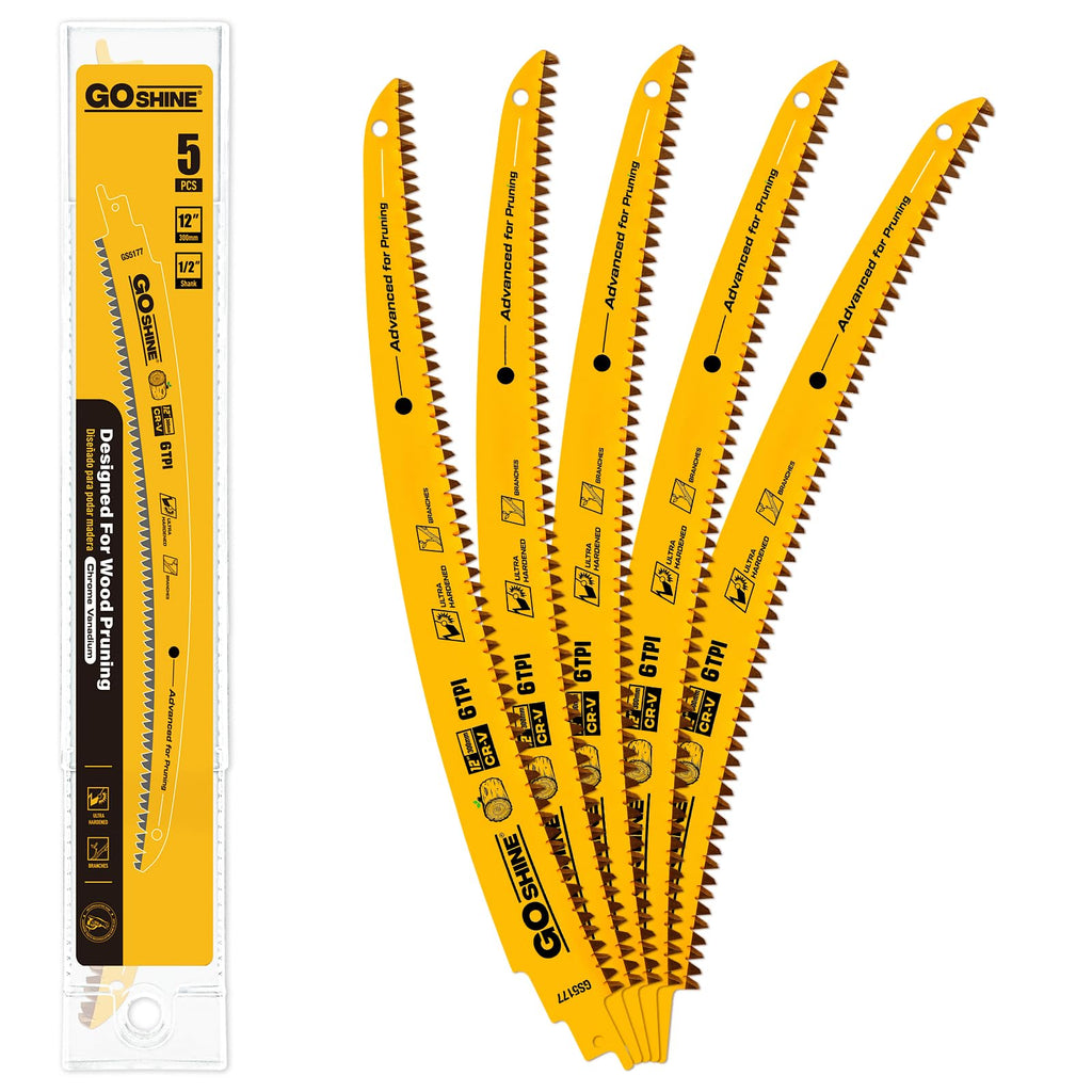 5 Pack,12 Inch Wood Pruning Reciprocating Saw Blades,6TPI Arc Pruning Blades for Reciprocating Saw, Japanese Teeth Sawzall Blades for Fast Tree Trimming & Wood Cutting,with Storage Box